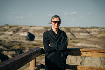 tourist in Horseshoe canyon near drumheller , Alberta