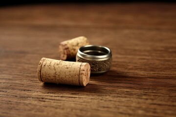 Fototapeta na wymiar Two rings on a cork table with shallow depth of field. Generative AI