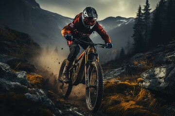 Cyclist speeding down a winding mountain trail