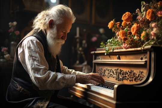 Elderly man's love for classical music, playing melodies on his vintage piano.