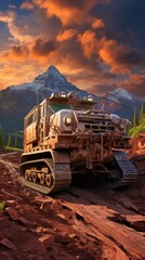 A half track vehicle maneuvers through rugged UHD wallpaper Stock Photographic Image