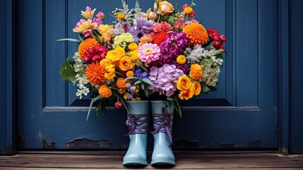 Colorful flower bouquet posed on plastic boots