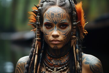Female tribal leader with intricate tattoos, Amazon rainforest setting - obrazy, fototapety, plakaty