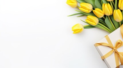 Holiday background with bouquet of yellow tulips