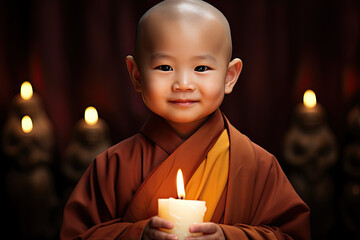 cute child monk buddha praying with candle, generative ai