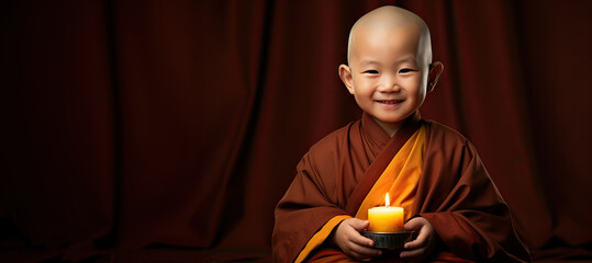 cute child monk buddha praying with candle, generative ai - obrazy, fototapety, plakaty