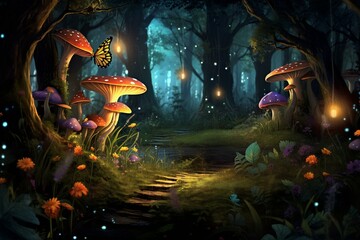 Captivating woodland with magical glow, mushrooms, fireflies, butterflies coexisting in nature's realm. Serene outdoor background. Generative AI