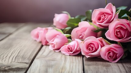 Pink roses on a gray wooden floor background