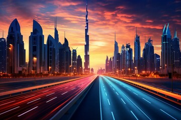 Fototapeta na wymiar Dusk view of futuristic Dubai skyline and Sheikh Zaed Road in UAE. Generative AI