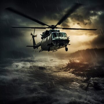 reality photo of a flying helicopter, with a storm in the background. generative ai