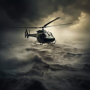 reality photo of a flying helicopter, with a storm in the background. generative ai