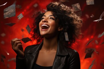 Happy black woman with credit card on red background - obrazy, fototapety, plakaty