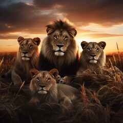 a family of lions relaxing. with a background of meadows and twilight. generative ai