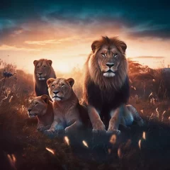 Fototapeten a family of lions relaxing. with a background of meadows and twilight. generative ai © KBL Sungkid