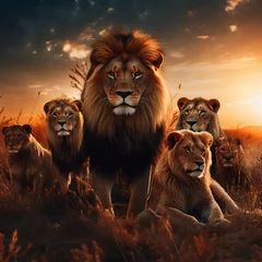 Fotobehang a family of lions relaxing. with a background of meadows and twilight. generative ai © KBL Sungkid