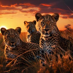 a herd of leopards relaxing in the middle of the grassland. with a twilight background. generative ai - obrazy, fototapety, plakaty