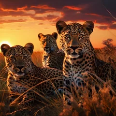 Papier Peint photo Lavable Léopard a herd of leopards relaxing in the middle of the grassland. with a twilight background. generative ai