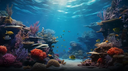 Rolgordijnen beautiful underwater scenery with various types of fish and coral reefs © ginstudio