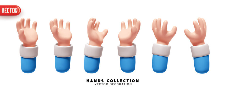 Set of hands 3d realistic design. Collection of cartoon hands palm up. Vector illustration