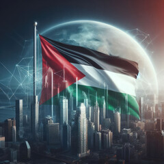 Palestine flag design background in front of round world globe