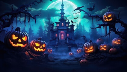 Fototapeta na wymiar Neon lights halloween party background with pumpkins