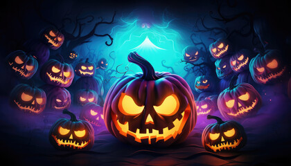 Neon lights colorful halloween background with jack o lantern pumpkin faces