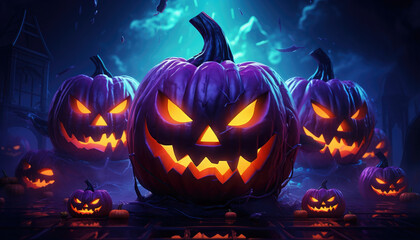 Fototapeta premium Halloween pumpkins with neon lights wallpaper