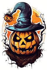 Witch and pumpking halloween elements sticker isolated on a white background