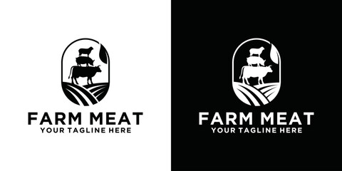 Farm logo, badge label stamp template set. Trendy retro style logotype, organic farm product food, animals, beef, goat, and pork. 