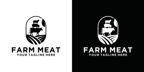 Farm logo, badge label stamp template set. Trendy retro style logotype, organic farm product food, animals, beef, goat, and pork.	