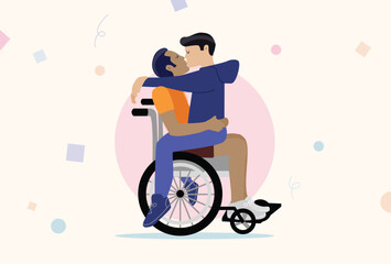 Happy Disabled Gay Men Kissing And Hugging On Wheelchair. People in Love With Handicapped, Disability. Diverse Couple Sitting and Celebrating Love.