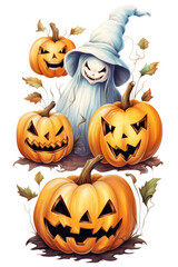 Pumpkin face and halloween objects sticker isolated
