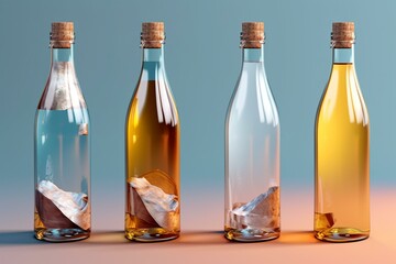 Mockup of empty bottle wrapped in clear shrink wrap film, showcased in various angles. Generative AI