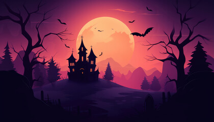 Minimal halloween background from abstract object silhouettes at sunset