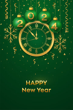 Happy New Year 2024. Hanging green Christmas bauble balls with realistic gold 3d numbers 2024 and snowflakes. Watch with Roman numeral and countdown midnight eve for New Year. Merry Christmas. Vector.