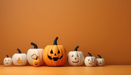 Cute pumpkins and halloween objects in front of orange wall background with copy space