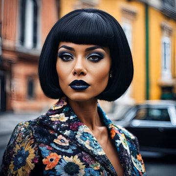 Mujer con el pelo liso y los labios y ojos pintados de azul oscuro, lleva una chaqueta con dibujo de flores y est&aacute; en una calle de una ciudad 
