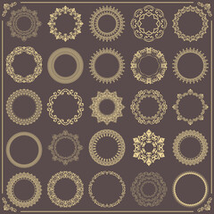 Vintage set of round elements. Golden elements for design frames, cards, menus, backgrounds and monograms. Classic patterns. Set of vintage patterns