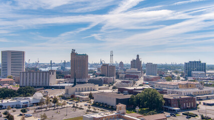 Aerial view of Beaumont Texas cityscape with modern and historic building, Fuel storage tanks, the...