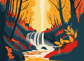 Landscape of autumn forest with waterfall and river stream.