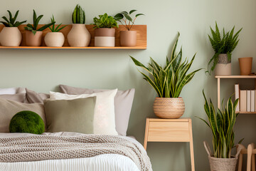 Scandinavian modern bedroom with many green potted houseplants and a wooden shelf. 