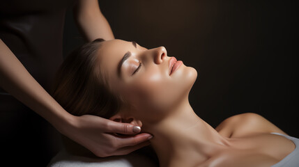 A serene woman receiving a gentle face massage in a dimly lit spa setting.