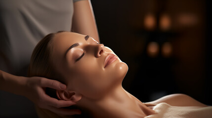 A serene woman receiving a gentle face massage in a dimly lit spa setting. - obrazy, fototapety, plakaty