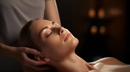 Fototapeten A serene woman receiving a gentle face massage in a dimly lit spa setting. © krit