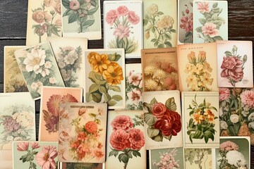 Vintage flower collage sheets for junk journal art prints with antique scrap, ephemera, and vintage cards. Generative AI - obrazy, fototapety, plakaty