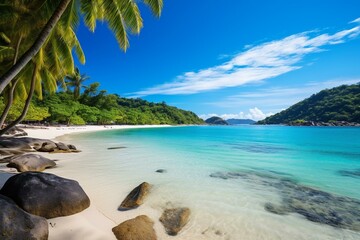 Beautiful beach on Mahe Island in the Seychelles. Generative AI