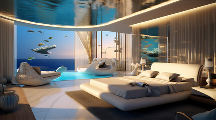 luxury simply minimalist bedroom with ocean theme, giant bed, sofa,