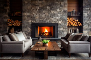 Chalet-style modern living room with two sofas against a stone-tiled wall with a fireplace.
