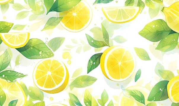 a watercolor decorated with lemons and leaves,Generative AI