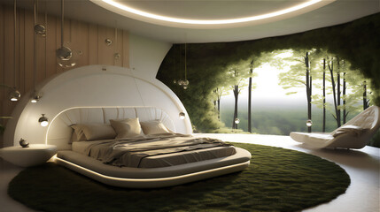 luxury simply minimalist bedroom with tropical theme, giant bed, sofa,